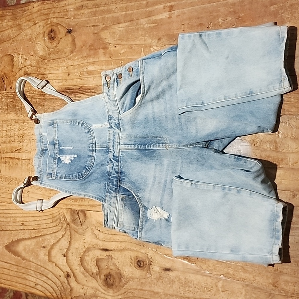 Forever 21 distressed, denim overalls
